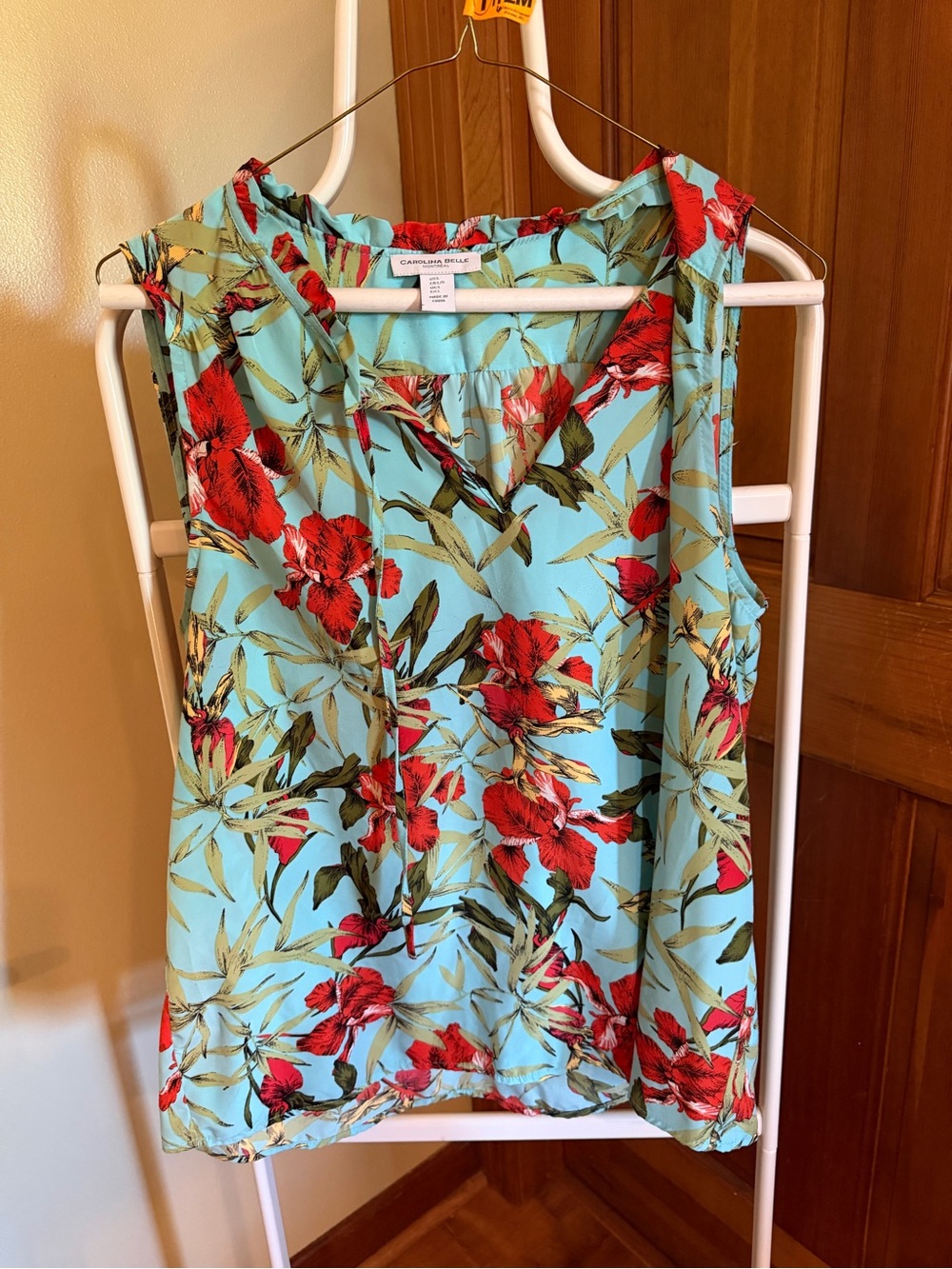 Carolina Belle Aqua Floral Sleeveless Camisole with Red Blossoms